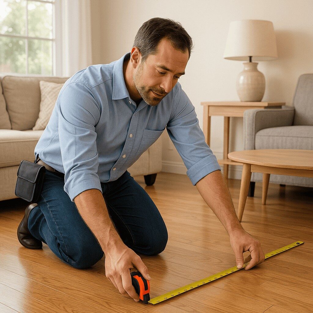 Flooring professional taking floor measurement