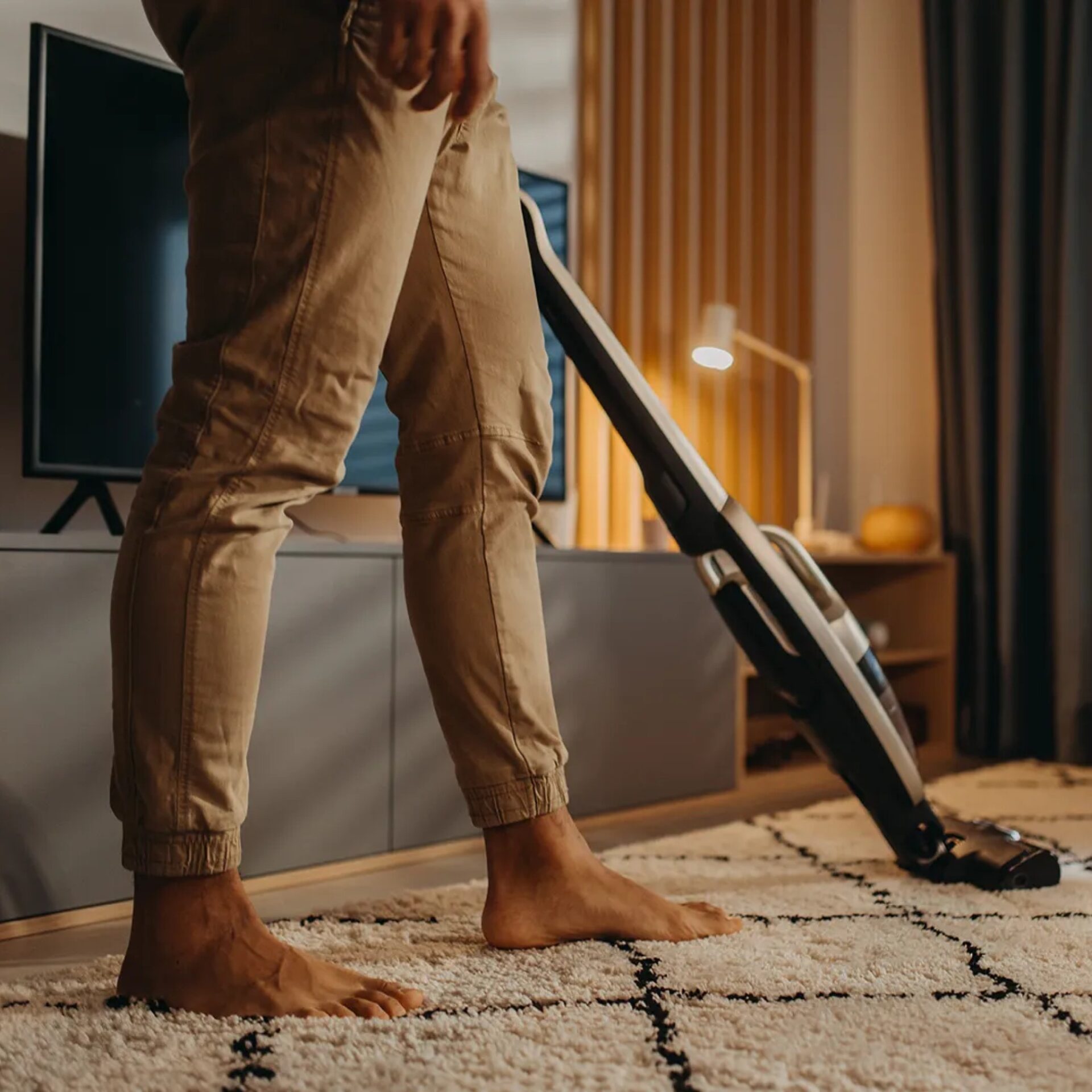 Man vacuuming an area rug