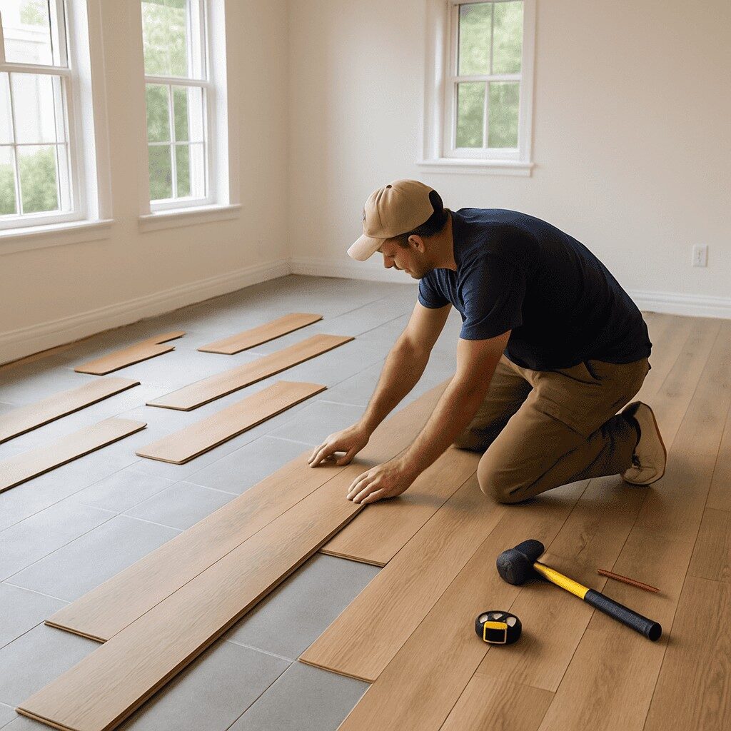 Flooring professional installing laminate flooring
