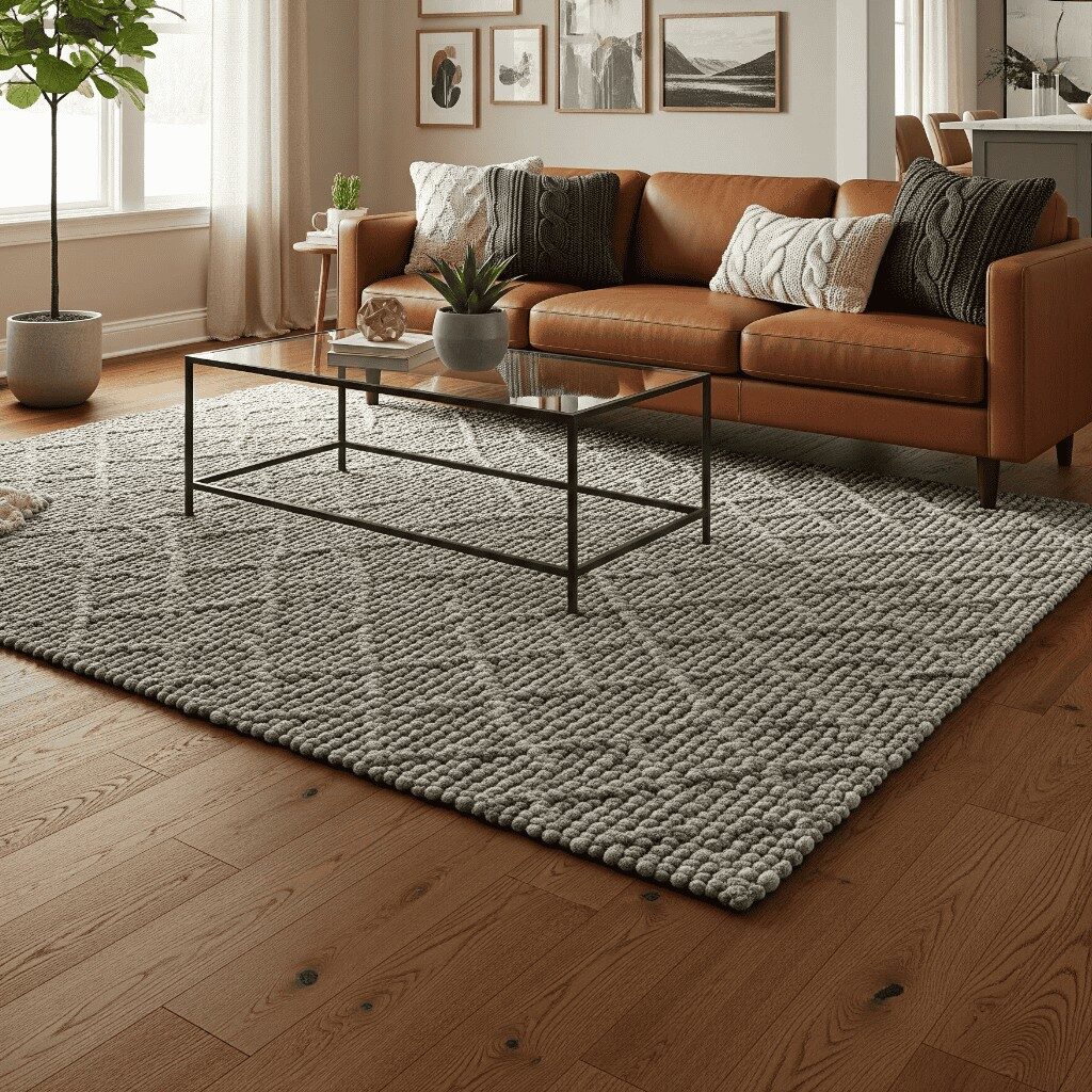 Small area rug in living room with a caramel leather couch